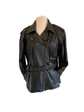 Screamin’ Eagle black genuine leather belted fitted biker jacket perfecto Large